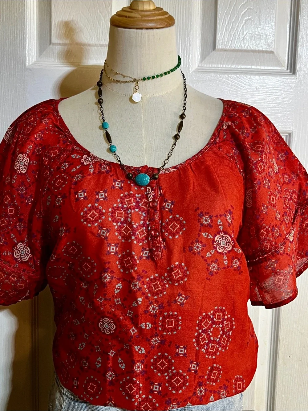 Sonoma Wms Red Turquoise Cotton Paisley Lace Inset Boho Casual Peasant Top M - Picture 2 of 11
